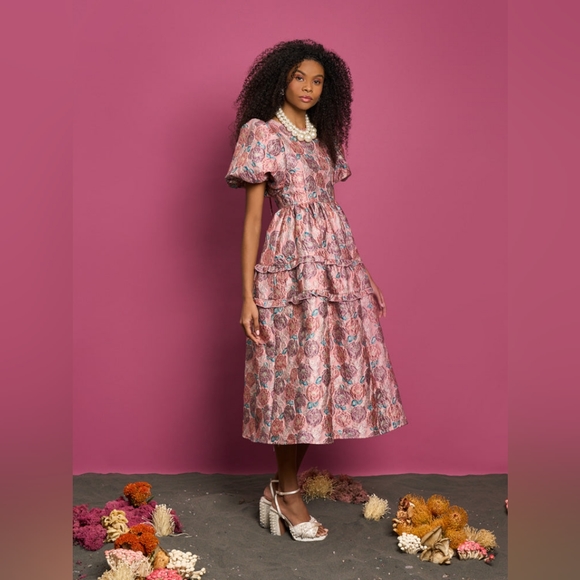 NWT DREAM sister Jane DREAM Nerissa Jacquard Midi Dress DREAM CORALS IN BLOOM S - Picture 3 of 16